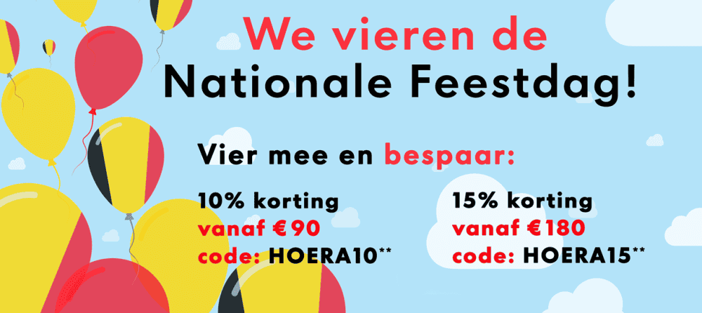 Banner voor de Nationale Feestdag-actie met 10% korting vanaf €90 (code: HOERA10) en 15% korting vanaf €180 (code: HOERA15), met kleurrijke ballonnen en een blauwe lucht.