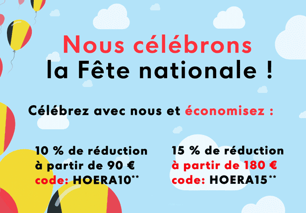 Banner voor de Nationale Feestdag-actie met 10% korting vanaf €90 (code: HOERA10) en 15% korting vanaf €180 (code: HOERA15), met kleurrijke ballonnen en een blauwe lucht.