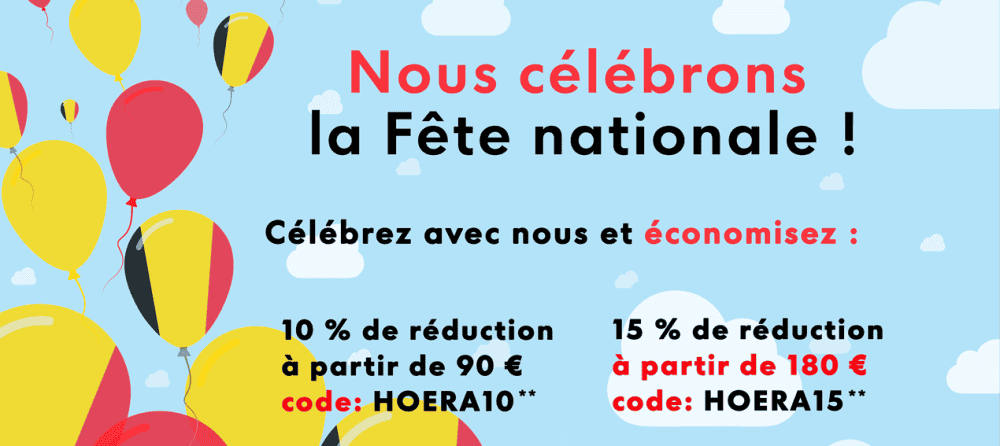 Bannière pour la fête nationale avec 10 % de réduction dès 90 € (code : HOERA10) et 15 % de réduction dès 180 € (code : HOERA15), avec des ballons colorés et un ciel bleu.