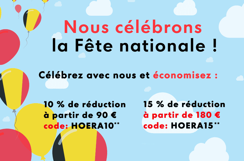 Bannière pour la fête nationale avec 10 % de réduction dès 90 € (code : HOERA10) et 15 % de réduction dès 180 € (code : HOERA15), avec des ballons colorés et un ciel bleu.