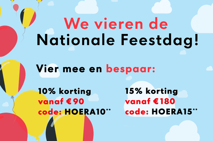 Banner voor de Nationale Feestdag-actie met 10% korting vanaf €90 (code: HOERA10) en 15% korting vanaf €180 (code: HOERA15), met kleurrijke ballonnen en een blauwe lucht.