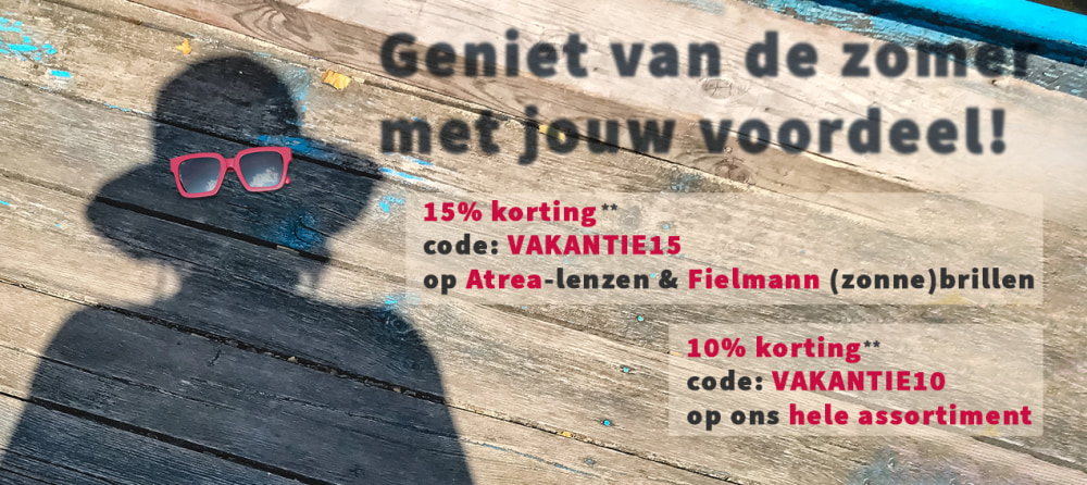 Schaduw met zonnebril en zomeraanbieding: 15% en 10% korting met kortingscodes.