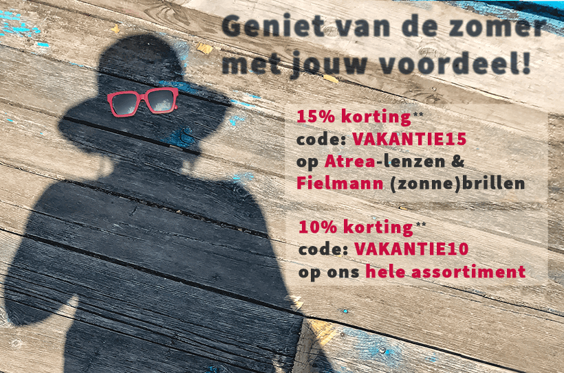 Schaduw met zonnebril en zomeraanbieding: 15% en 10% korting met kortingscodes.