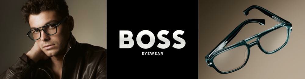 Man met kort haar draagt een rechthoekige bril van BOSS Eyewear en een leren jas.