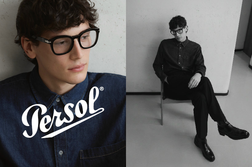 Jeune homme portant des lunettes Persol noires et une chemise en jean ; à droite, assis dans un décor minimaliste en noir et blanc.