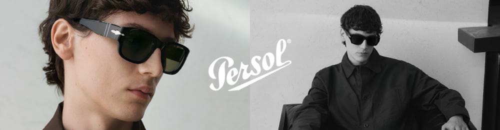 Homme portant des lunettes de soleil Persol noires et une veste foncée ; gros plan à gauche, assis dans un intérieur moderne à droite.