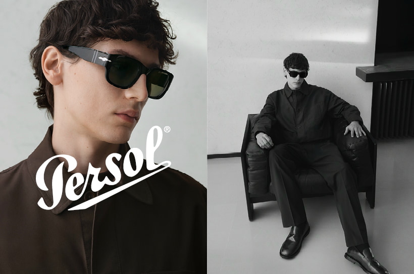 Homme portant des lunettes de soleil Persol noires et une veste foncée ; gros plan à gauche, assis dans un intérieur moderne à droite.
