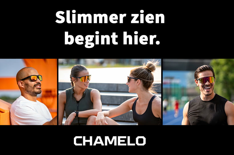 Drie mensen dragen Chamelo zonnebrillen in verschillende sportieve settings met de tekst \'Slimmer zien begint hier\' erboven.