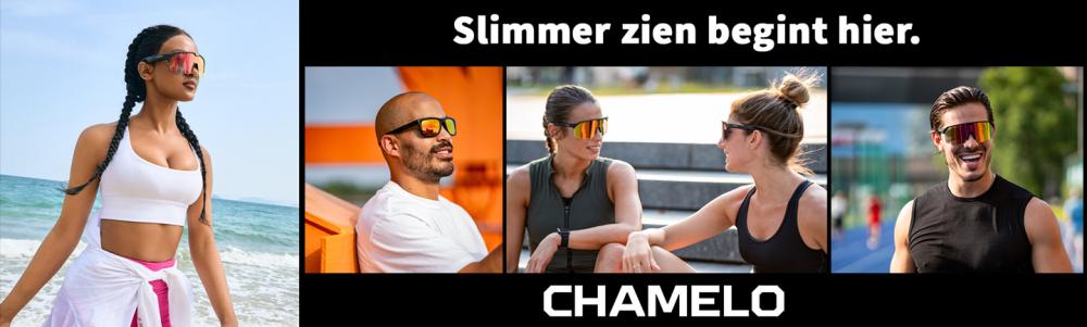 Drie mensen dragen Chamelo zonnebrillen in verschillende sportieve settings met de tekst \'Slimmer zien begint hier\' erboven.
