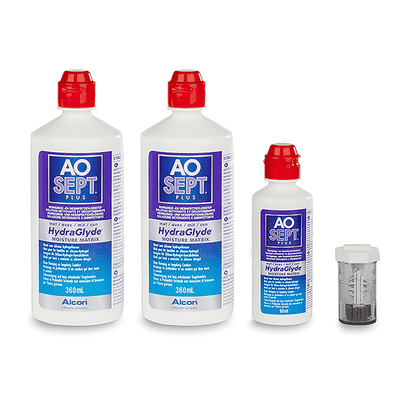 Solution pour lentilles de contact AOSept Plus HydraGlyde 2x360ml + 90ml avec 1 boîtier