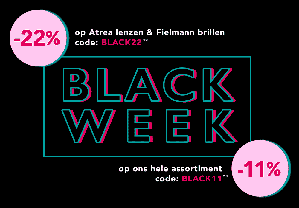 Grafische Black Week-banner met de tekst ‘Black Week’ en een roze cirkel met ‘tot 22% korting’.