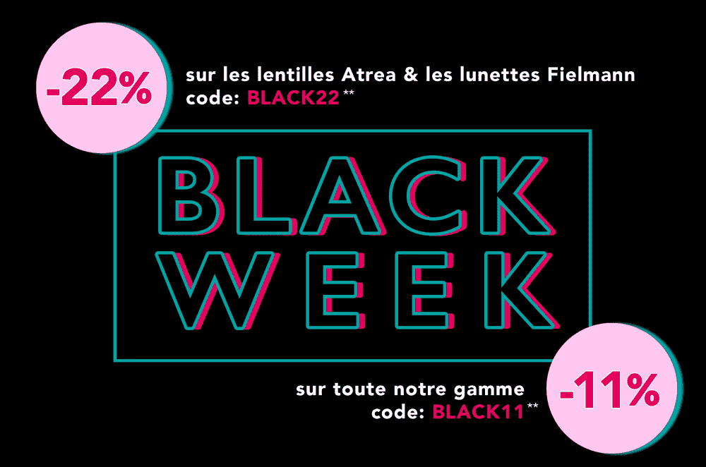 Bannière graphique Black Week avec le texte « Black Week » et un cercle rose indiquant « jusqu\'à 22 % de réduction »
