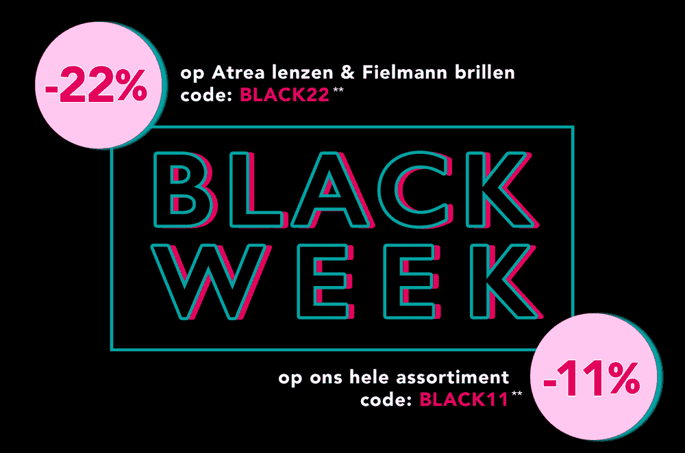 Grafische Black Week-banner met de tekst ‘Black Week’ en een roze cirkel met ‘tot 22% korting’.