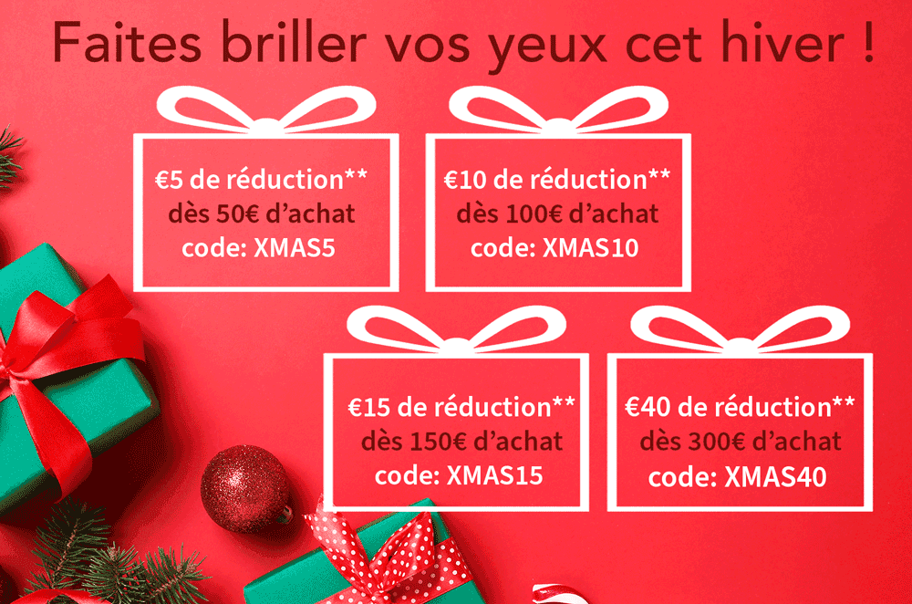 Image de Noël avec des cadeaux rouges et quatre codes promo : XMAS5, XMAS10, XMAS15 et XMAS40 pour des réductions progressives.