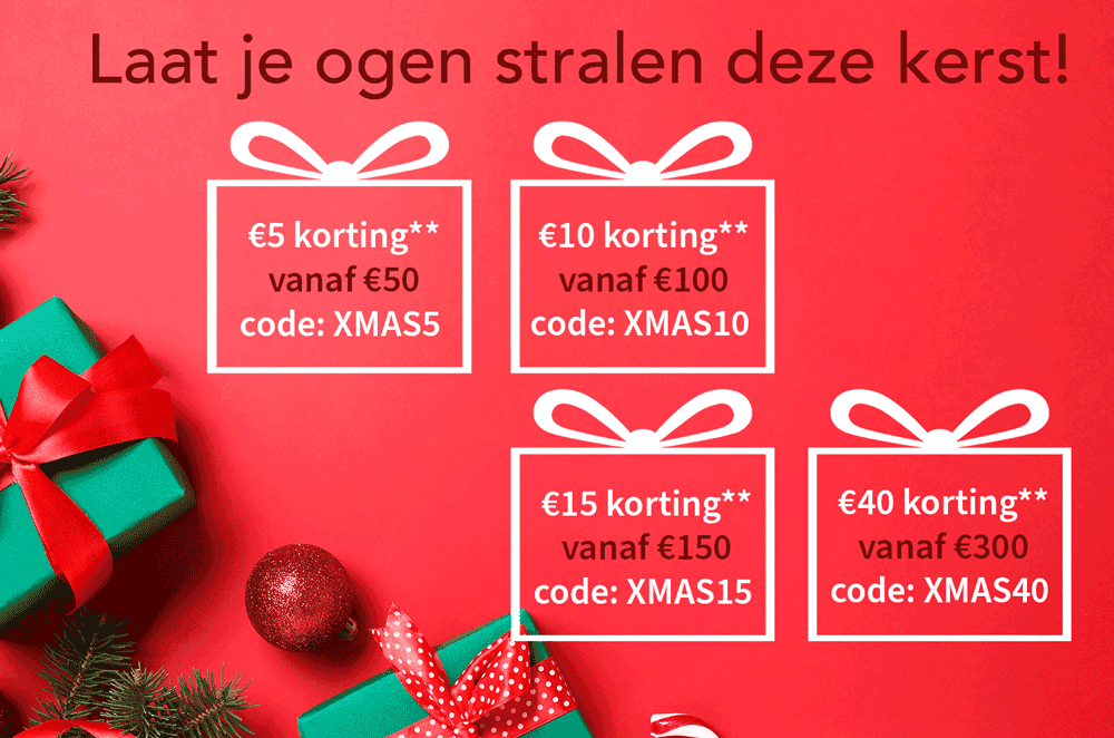 Kerstafbeelding met rode cadeaus en vier kortingscodes: XMAS5, XMAS10, XMAS15 en XMAS40 voor oplopende kortingen.