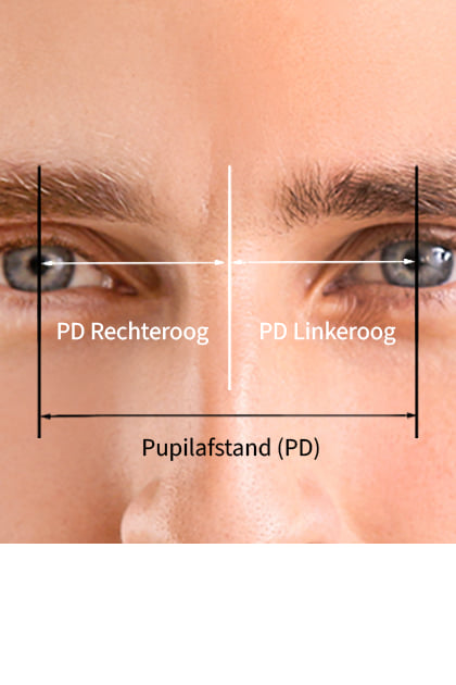 Een close-up van een gezicht met de focus op de ogen, die de meting van de pupilafstand (PD) toont. Lijnen markeren de afstand tussen de pupil van het rechter- en linkeroog.