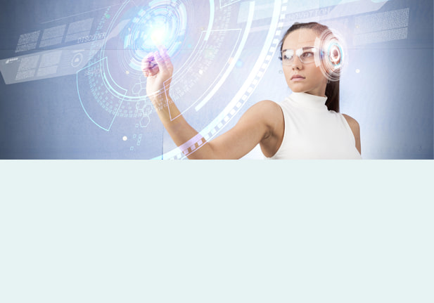 Vrouw met slimme bril die digitale informatie projecteert via augmented reality-interface.