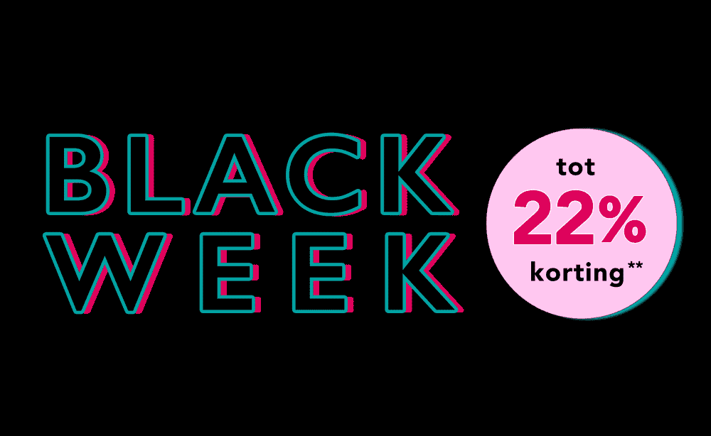Grafische Black Week-banner met de tekst ‘Black Week’ en een roze cirkel met ‘tot 22% korting’.